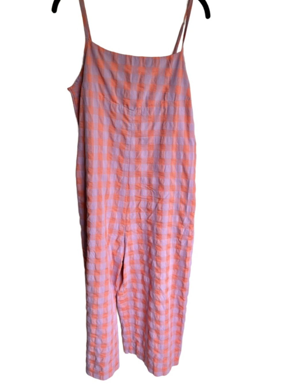 OffOn Sleeveless Seersucker Pink & Orange Check Spaghetti Strap Jumpsuit